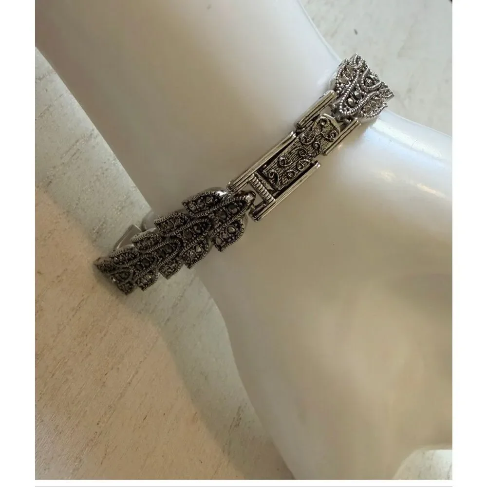 Lee Sands Mother of Pearl Hidden Watch Marcasite Style Quartz Bracelet Watch Art